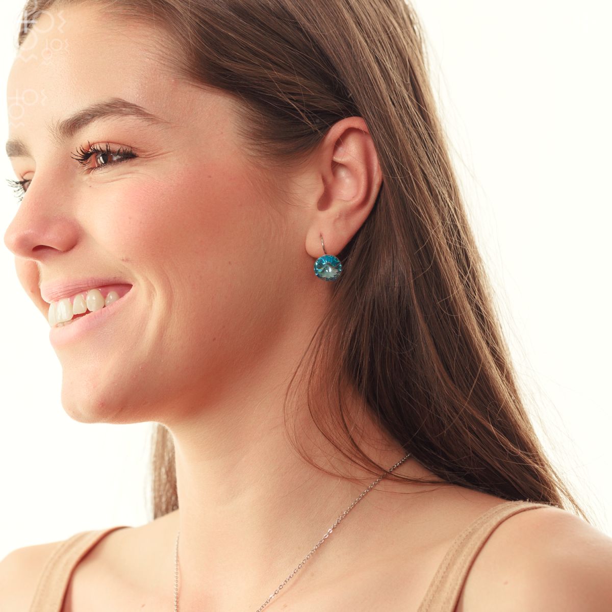 Boucles d'oreilles dormeuse rondes rivoli 12mm aqua